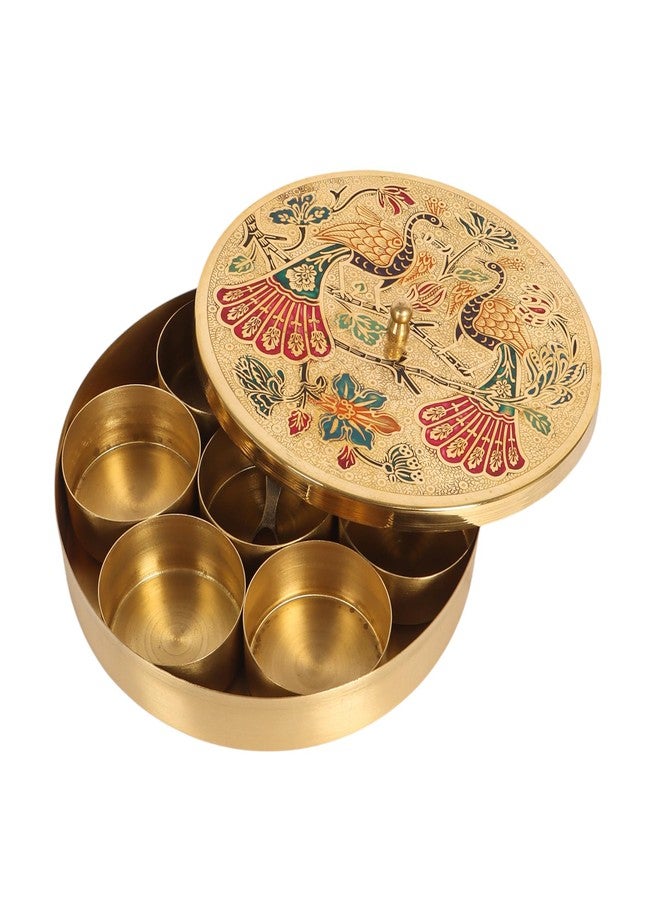 Two Moustaches 8 Inches Twin Peacock Carved Brass Spices Box Set, Brass Masala Box for Kitchen, Housewarming Gifts, 7 Containers & 1 Spoon, Multicolored, Pack of 1 - Image 2